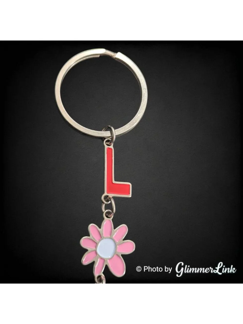 LOVE Enamel Charm Keychain Silver Tone Flower Heart Y2K Style